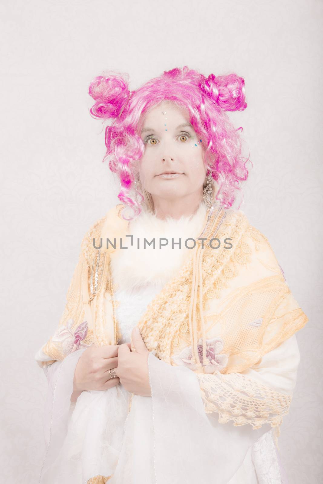 Surprised surreal circus style character on white background