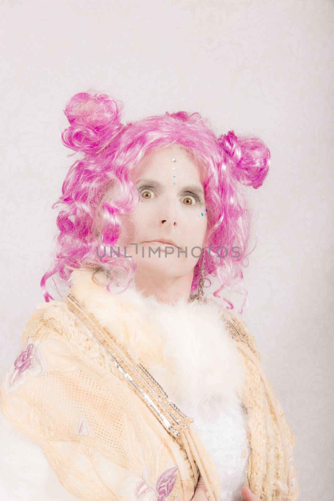 Arrogant surreal circus style character on white background