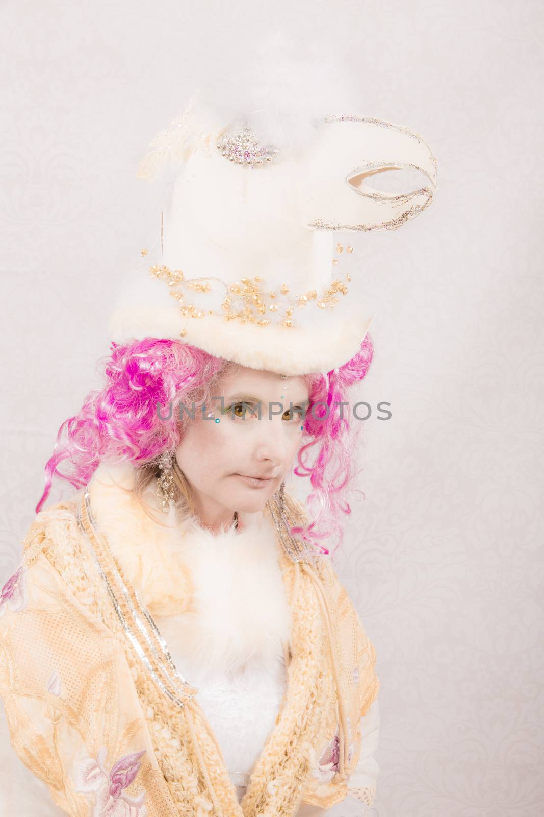 Surreal female circus style character with bird hat