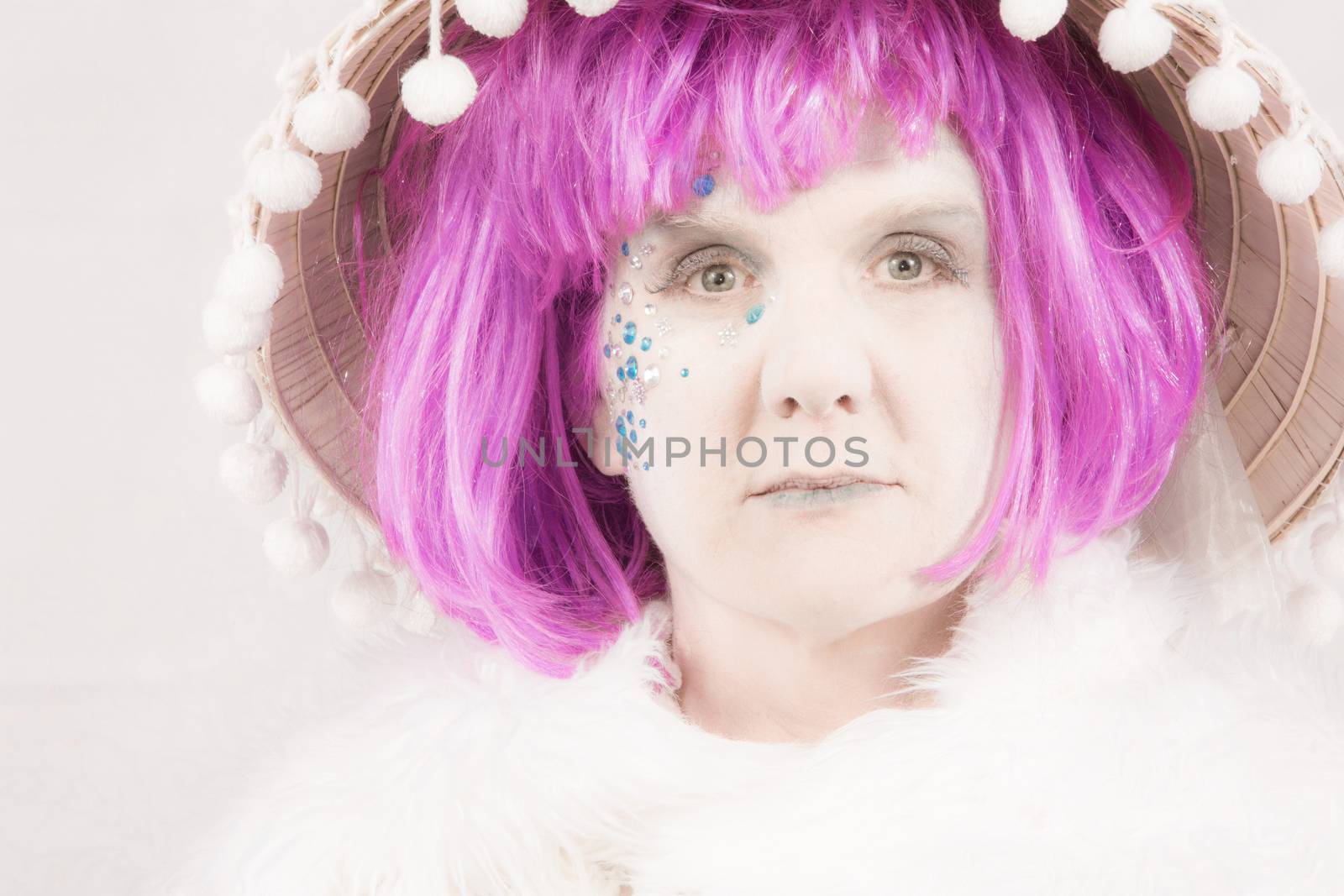 Ethereal female circus style character on white background