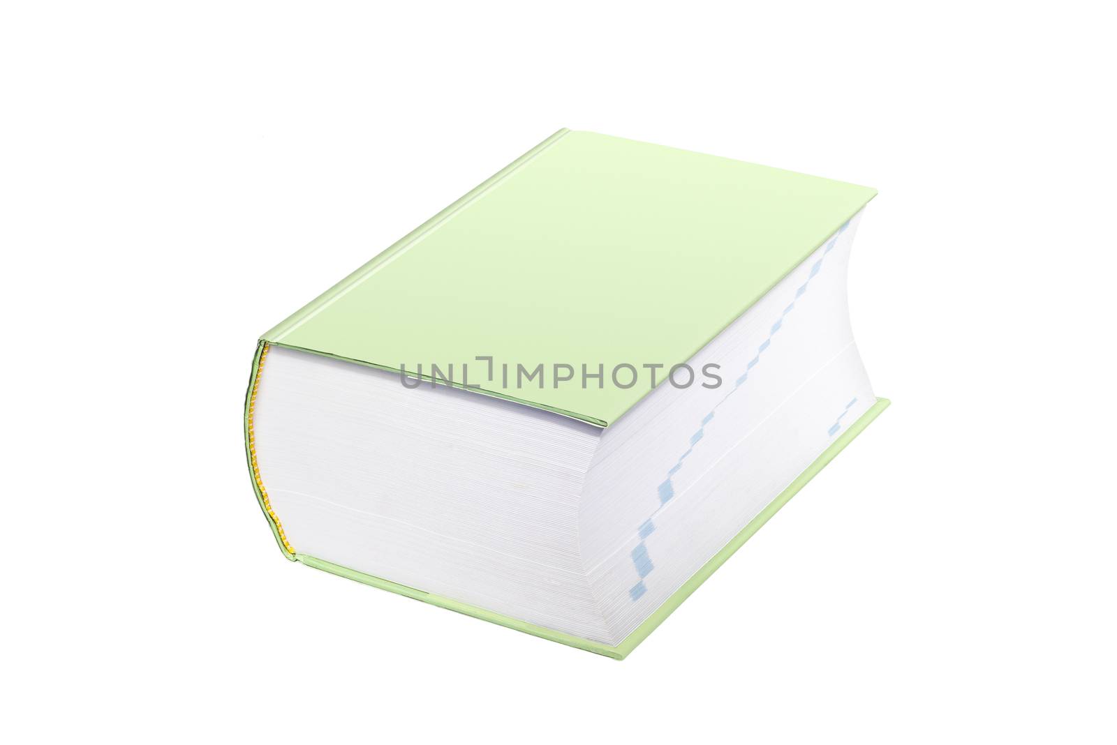 Large light green book laying on it's back on a white background.