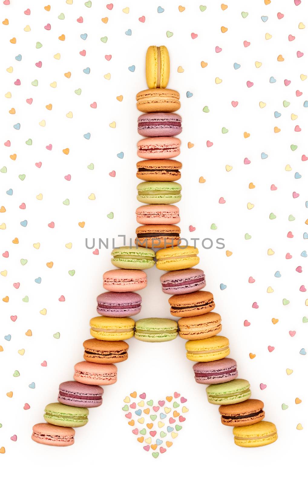 Macarons Eiffel Tower french sweet colorful,multicolored hearts.Fresh pastel delicious dessert. Love,Valentines Day, romantic. Isolated                                       