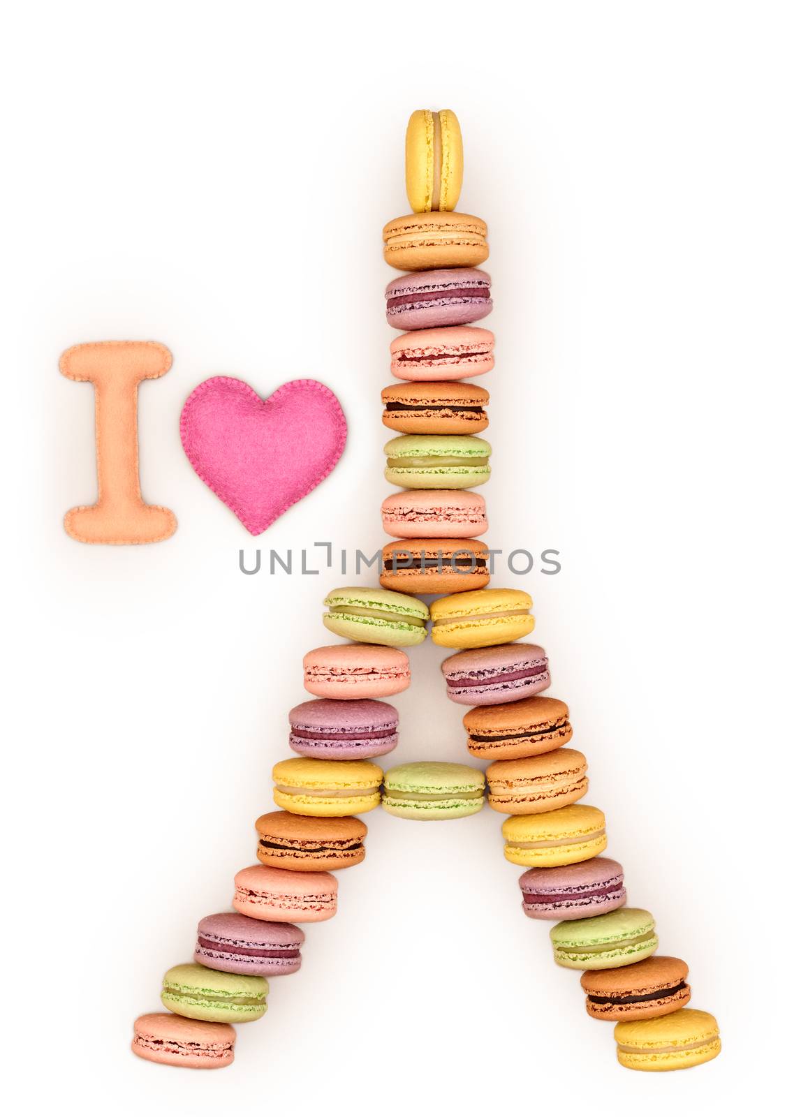 Macarons. I love Eiffel Tower french sweet colorful, pink heart. A lot of fresh  pastel delicious biscuit dessert. Isolated