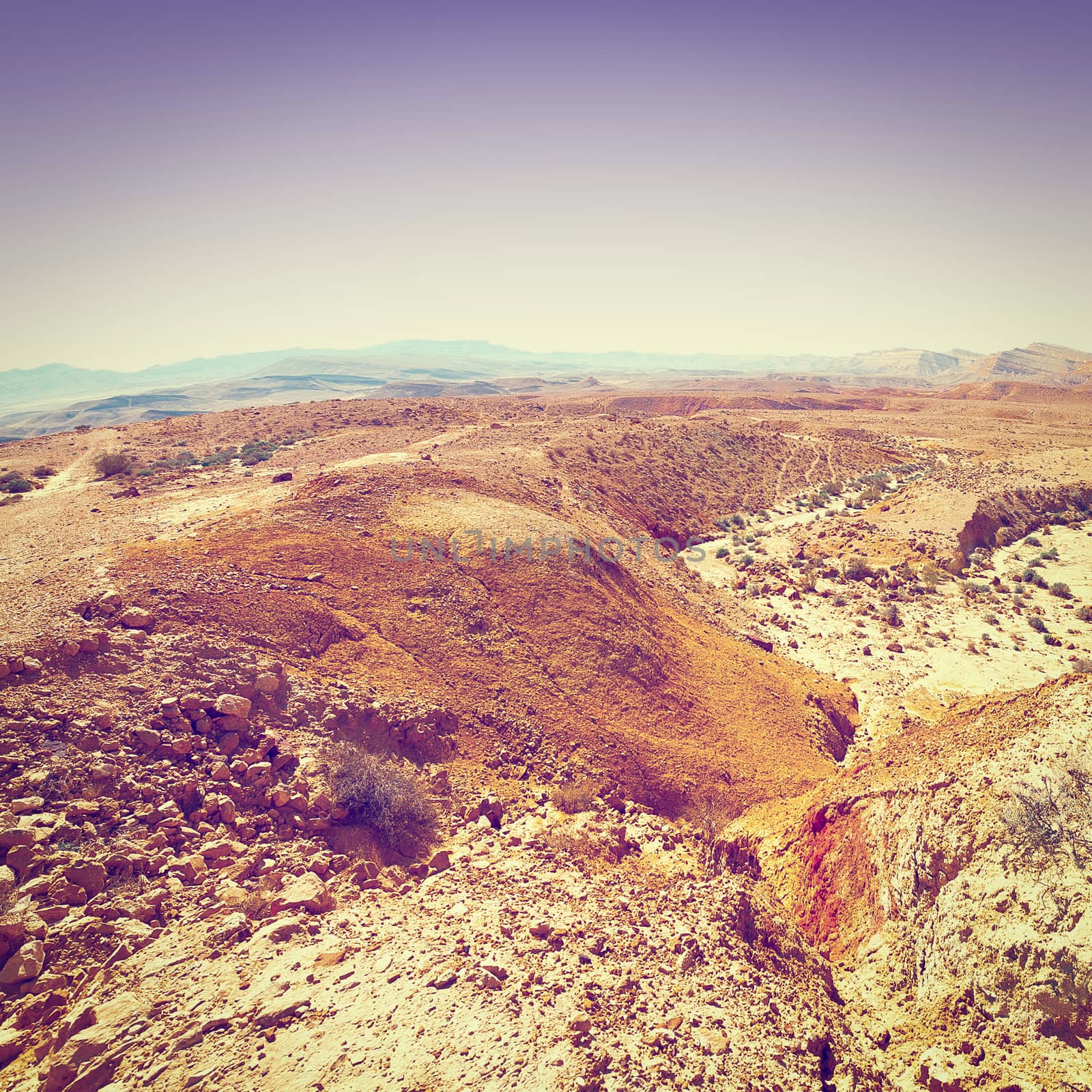 Rocky Hills of the Negev Desert in Israel at Sunset, Instagram Effect
