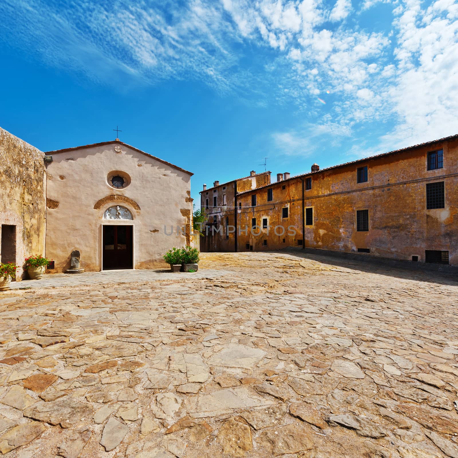 Square with Old  Church in the Medieval Italian City