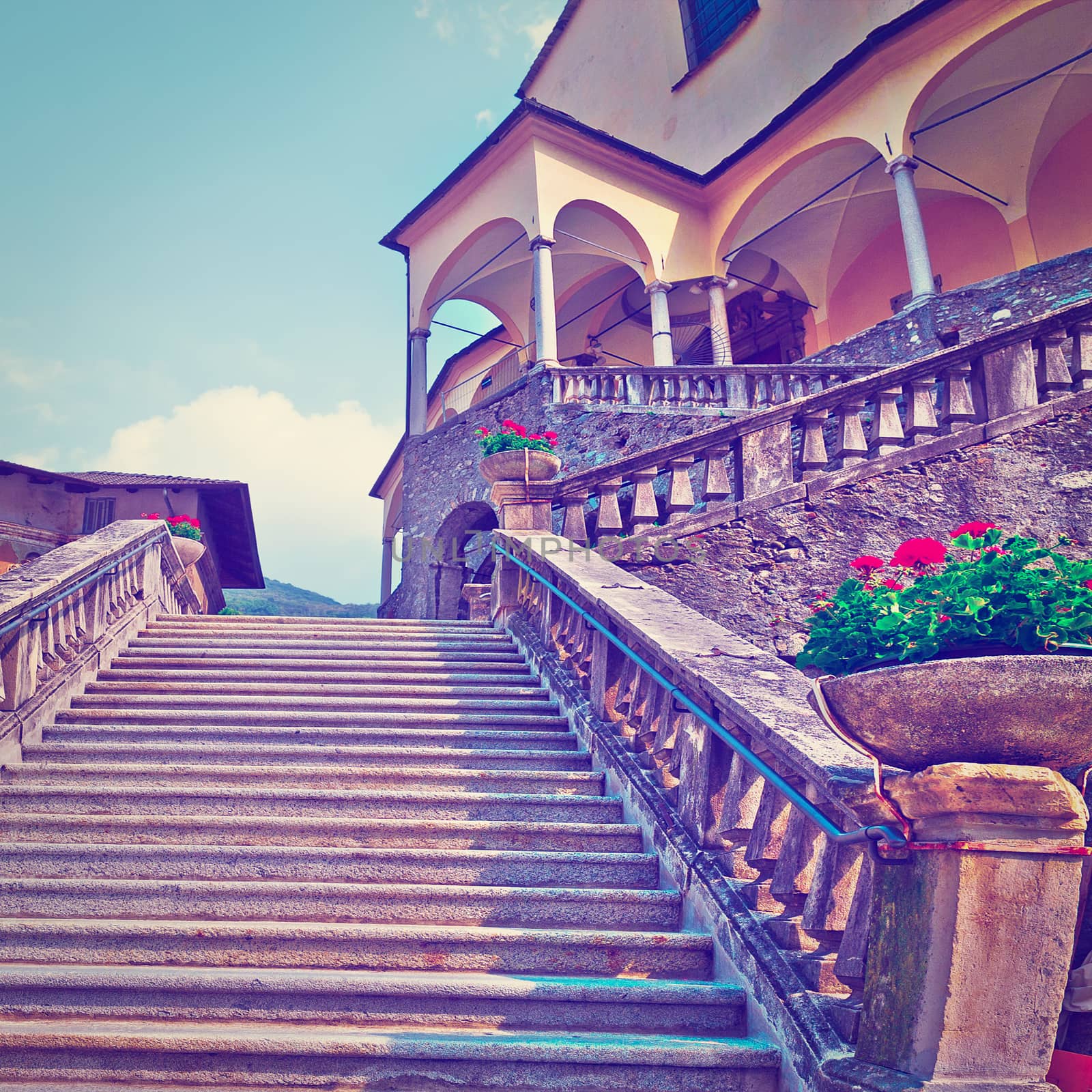Wide Staircase Leading to the Old Buildings in Italian City in Piedmont, Instagram Effect
