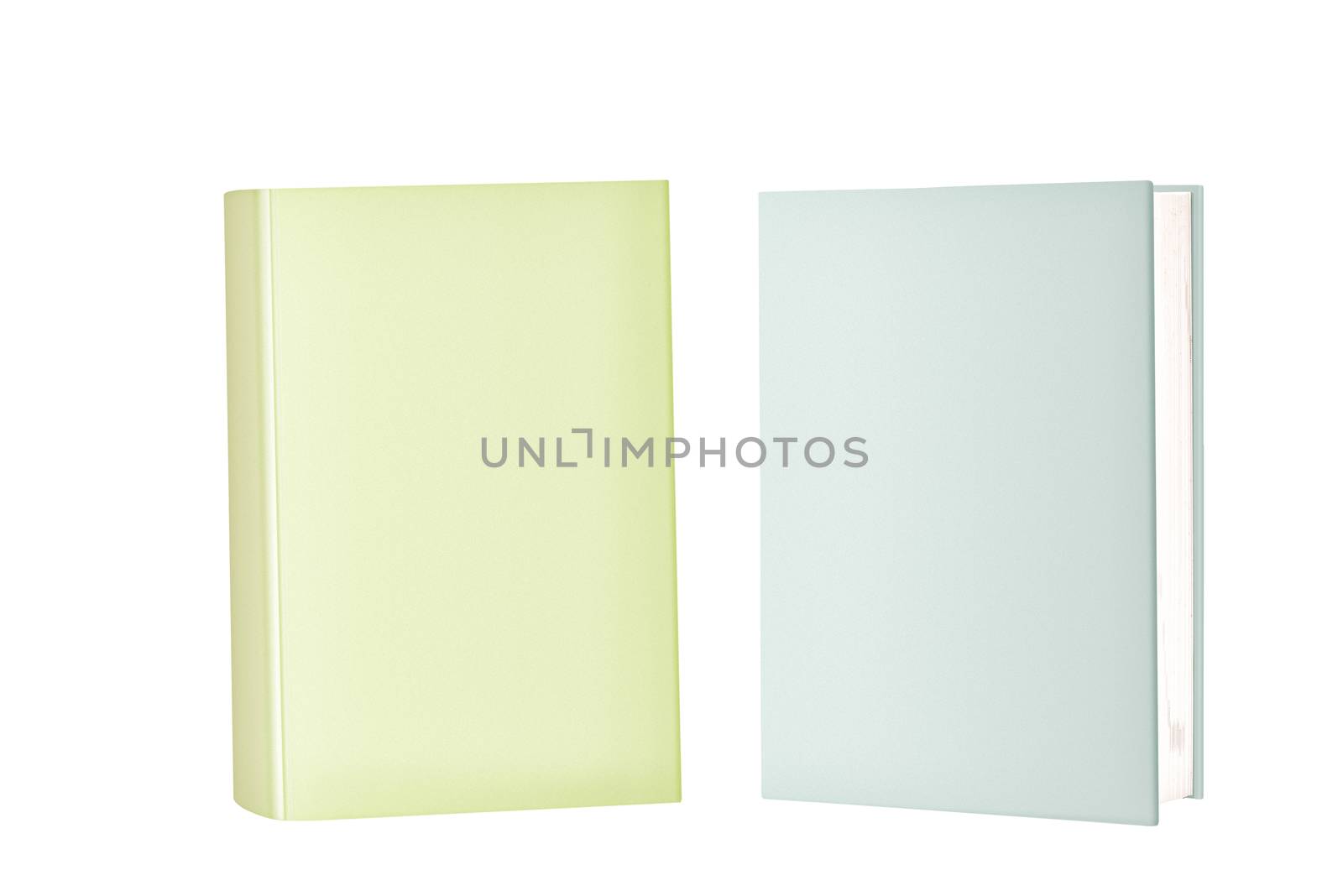Two books standing on end on a white background.  One light green and one light blue.