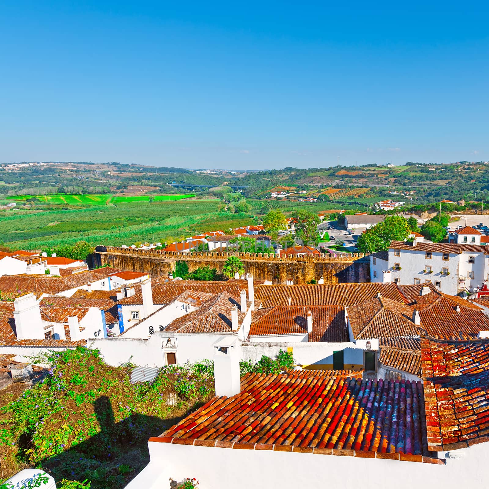 Aerial View to Historic Center of the City of Obidos in Portugal