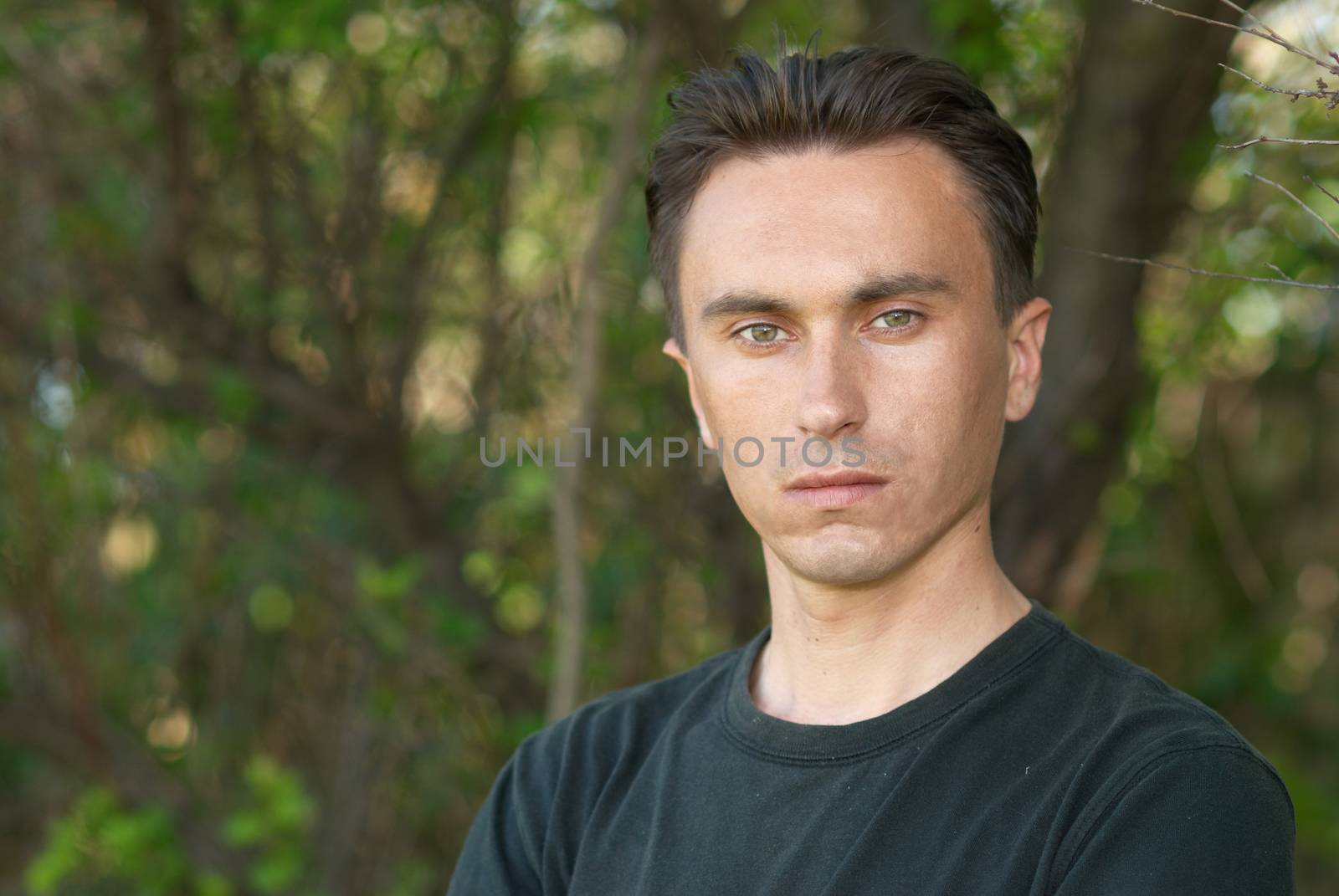 Man's portrait in the soft forest background