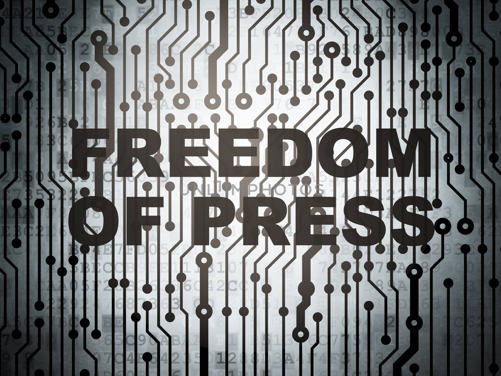 Political concept: circuit board with  word Freedom Of Press, 3d render