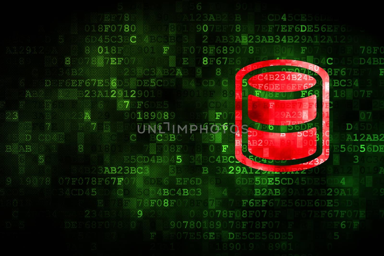 Software concept: pixelated Database icon on digital background, empty copyspace for card, text, advertising