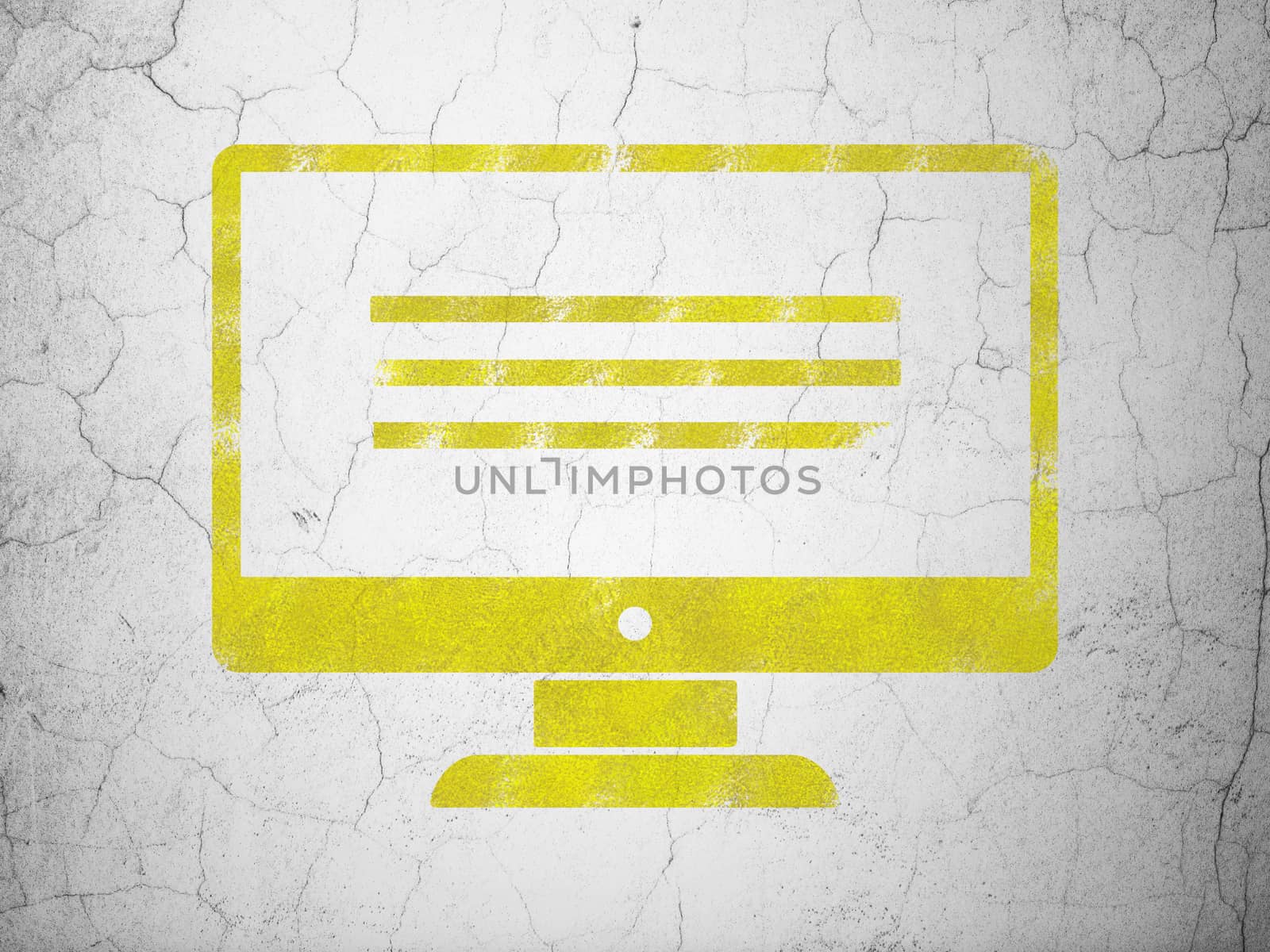 Software concept: Yellow Monitor on textured concrete wall background