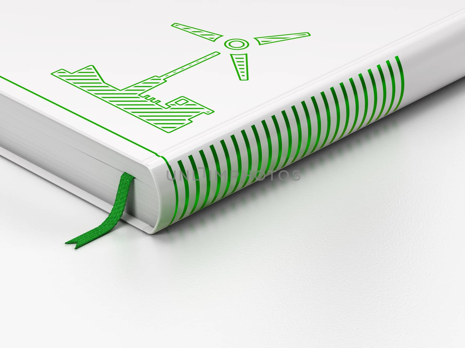 Manufacuring concept: closed book with Green Windmill icon on floor, white background, 3d render