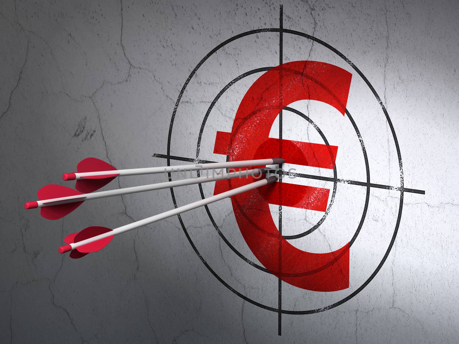 Success currency concept: arrows hitting the center of Red Euro target on wall background