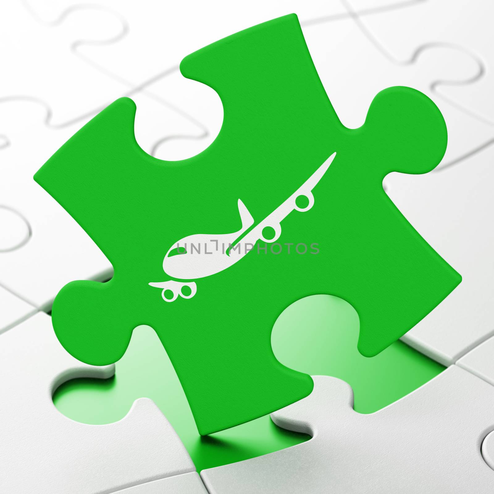 Travel concept: Airplane on puzzle background by maxkabakov