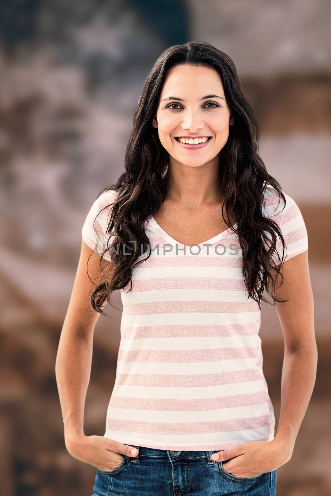 Brunette smiling to the camera against composite image of digitally generated united states national flag