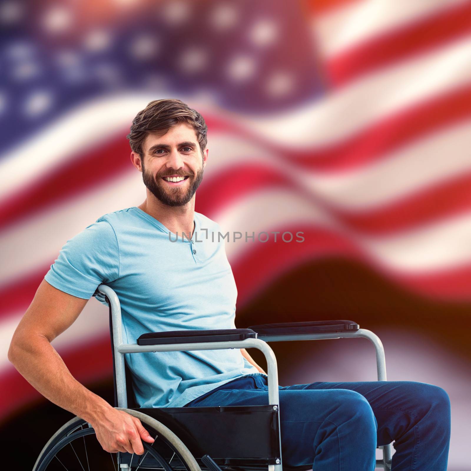 Young man in wheelchair against composite image of digitally generated united states national flag