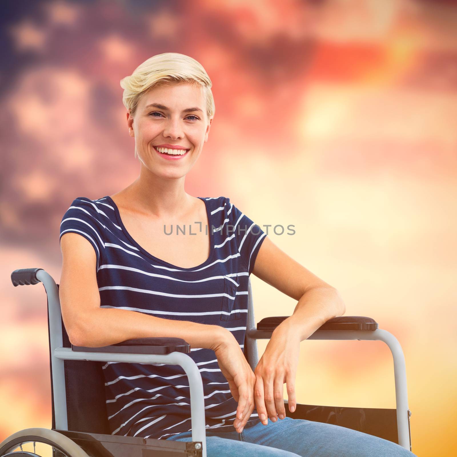 Smiling woman in a wheelchair against composite image of white fireworks exploding on black background