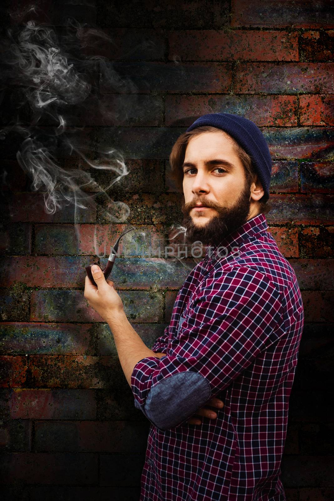 Composite image of side view of hipster holding smoking pipe by Wavebreakmedia