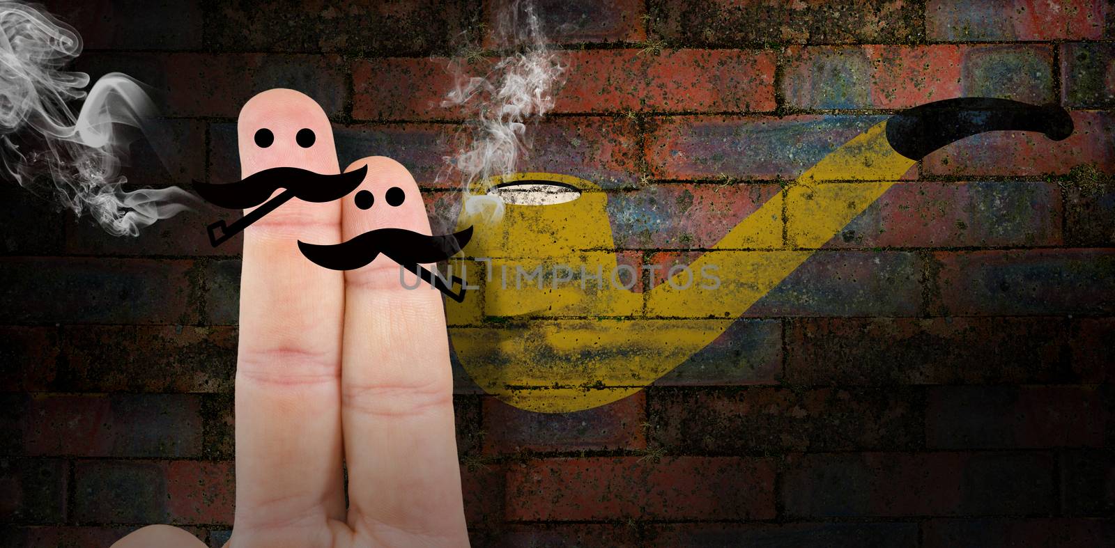 Two fingers with mustache against texture of bricks wall