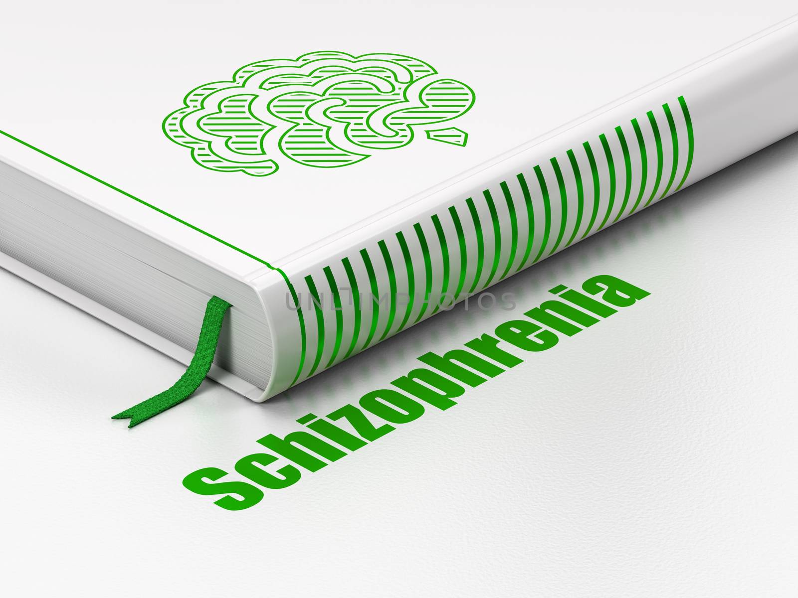 Healthcare concept: closed book with Green Brain icon and text Schizophrenia on floor, white background, 3d render