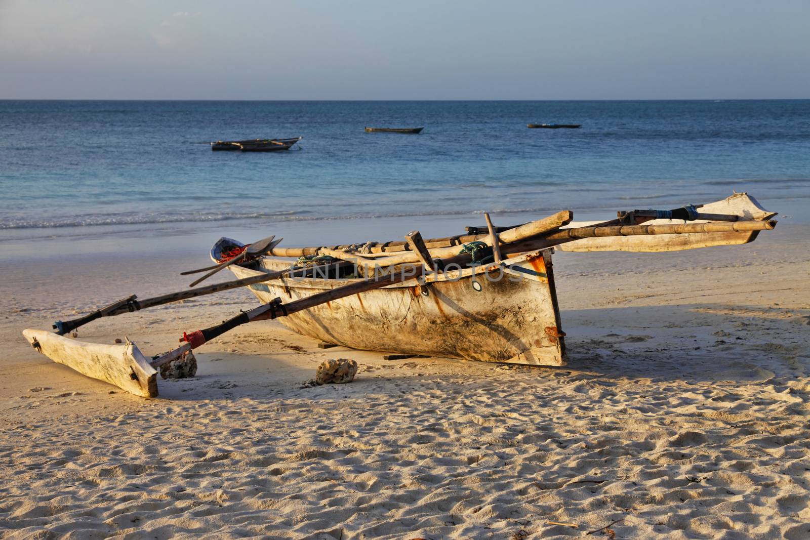 Dhow in the water ready to sail off the coast of Zanzibar
