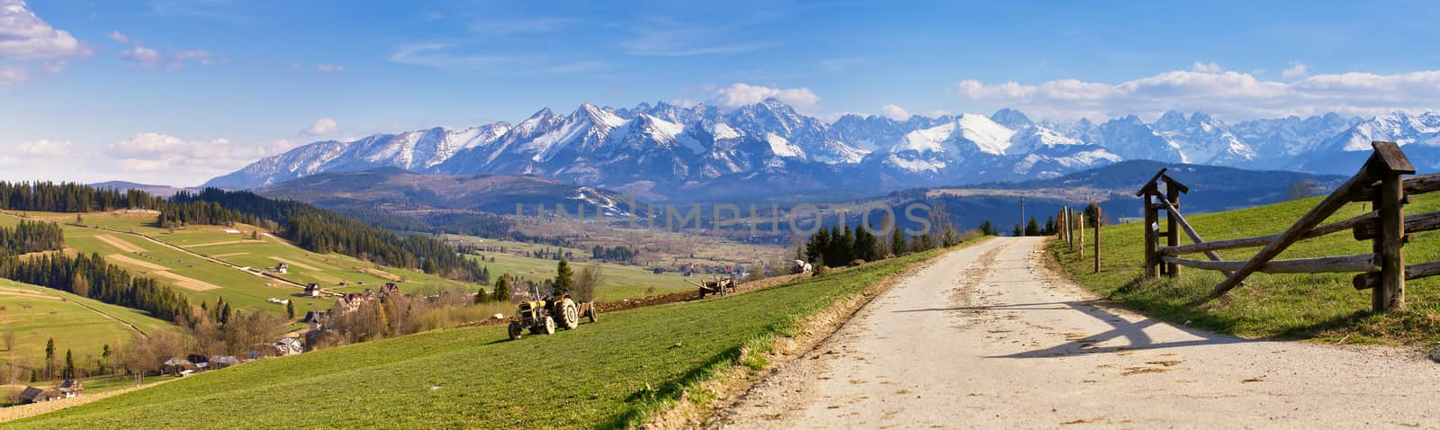 South Poland Panorama with snowy Tatra mountains in spring, 