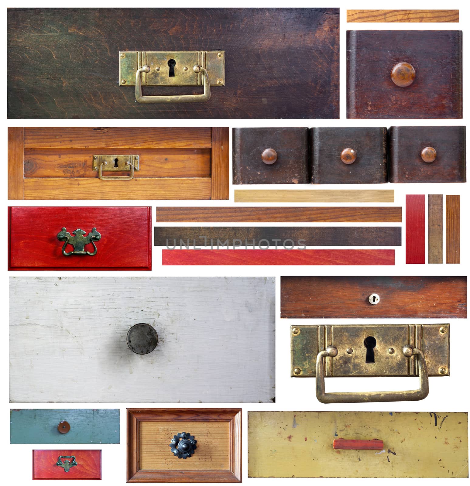 Old drawers, wooden strips and escutcheons on white background