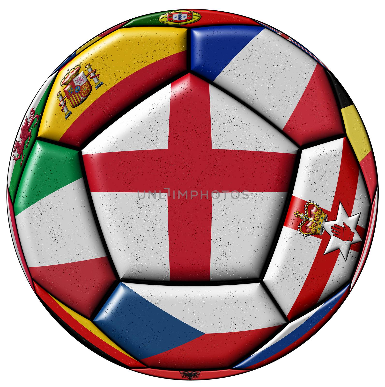 Soccer ball on white background with flag of England in the center