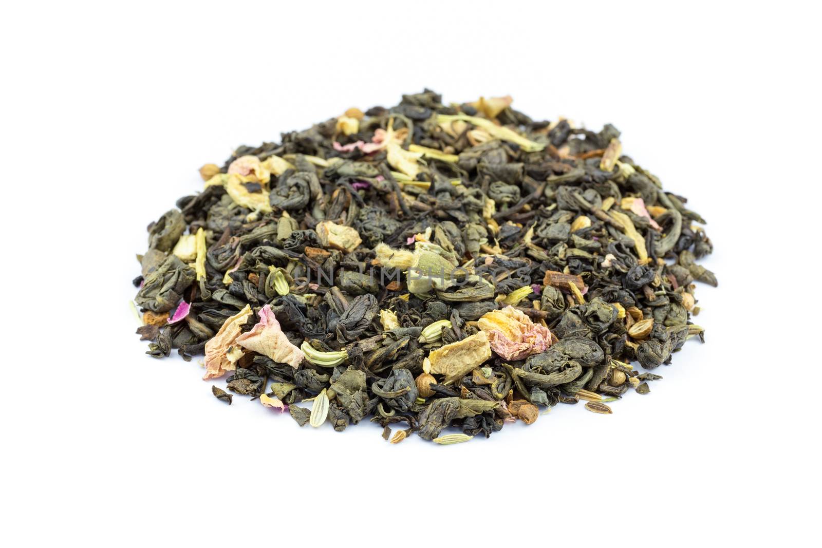 Heap of biological loose Flower Power tea on white by BenSchonewille