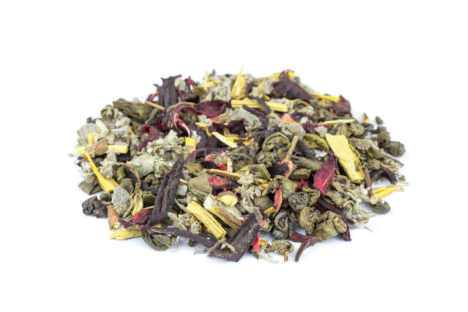 Heap of loose biological Wonder World tea on white by BenSchonewille