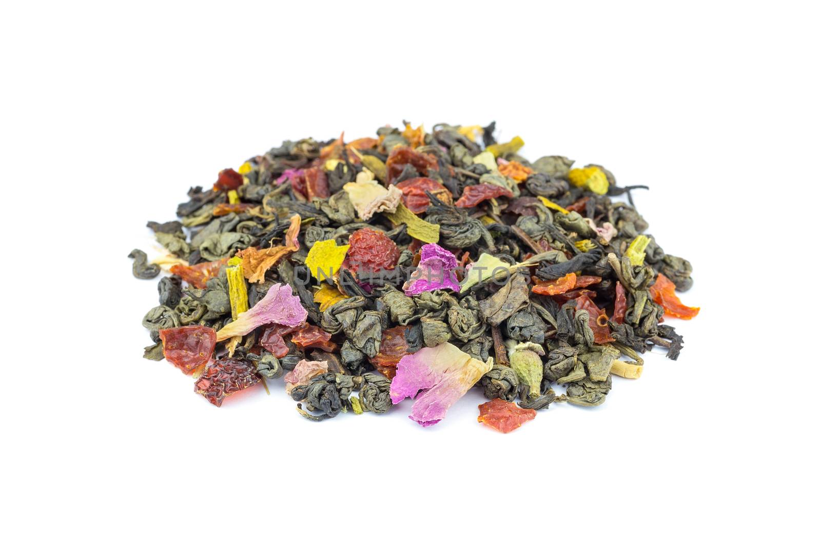 Loose mixed biological Meditation tea isolated on white background