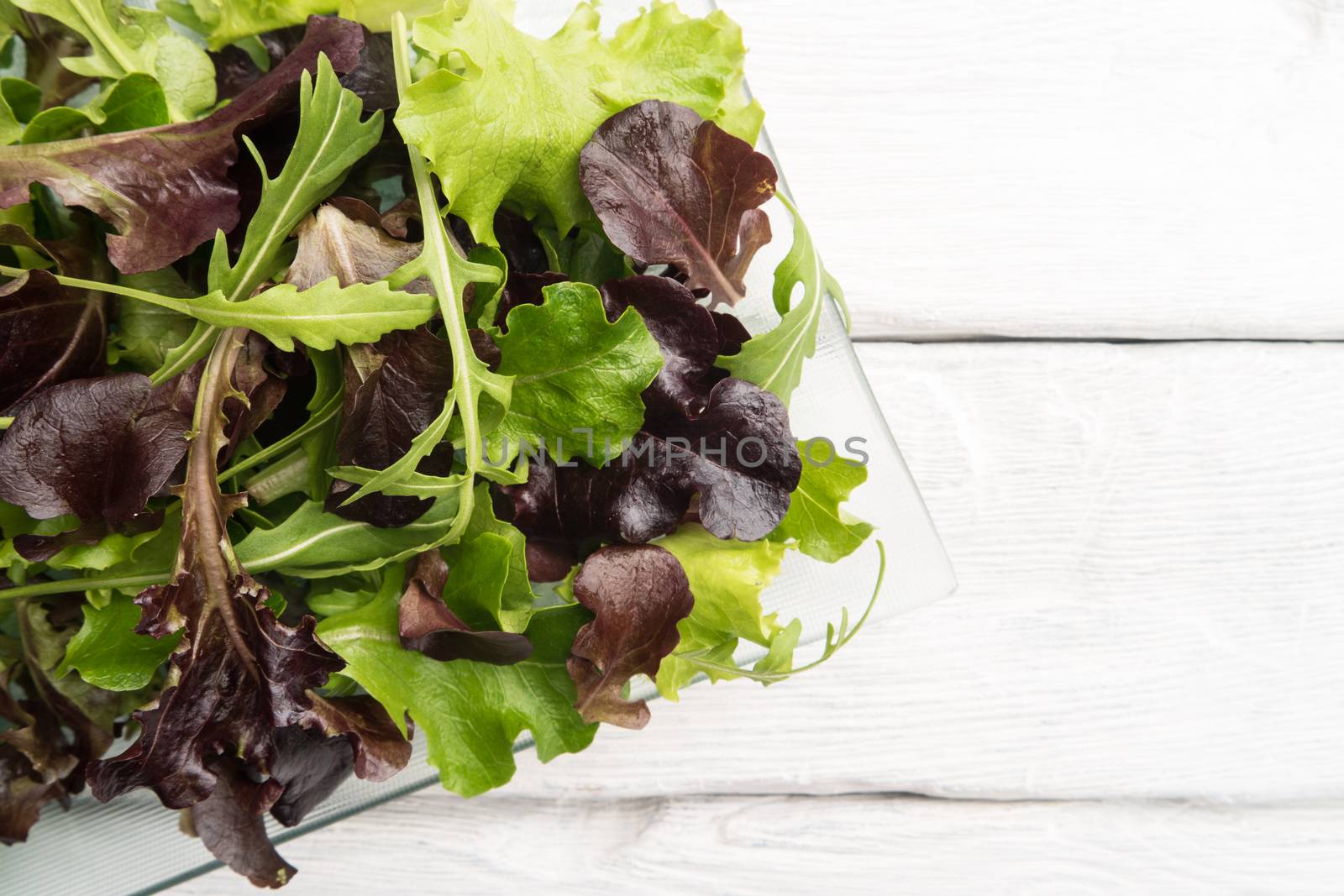 Fresh green salad with spinach, arugula, romaine and lettuce on plate. wood background