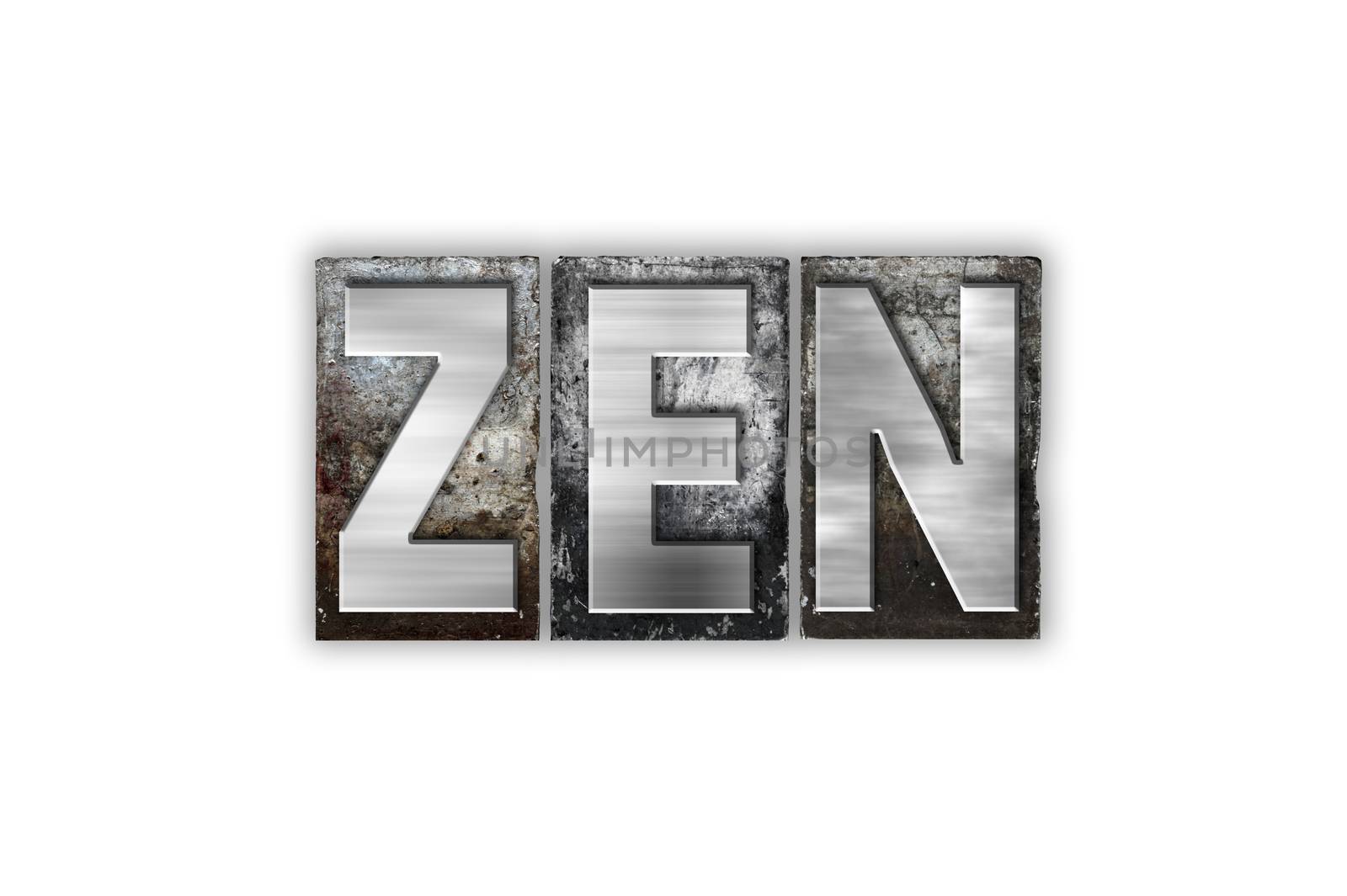 The word "Zen" written in vintage metal letterpress type isolated on a white background.
