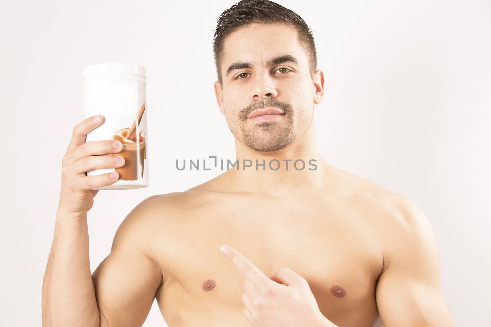 sport, fitness, healthy lifestyle and people concept - close up of man with jar  for protein shake