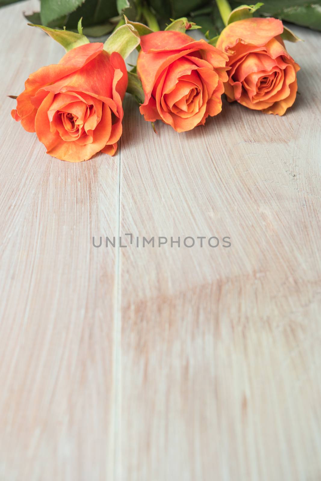 A bouquet of orange roses on wooden table. Copy space by AnaMarques