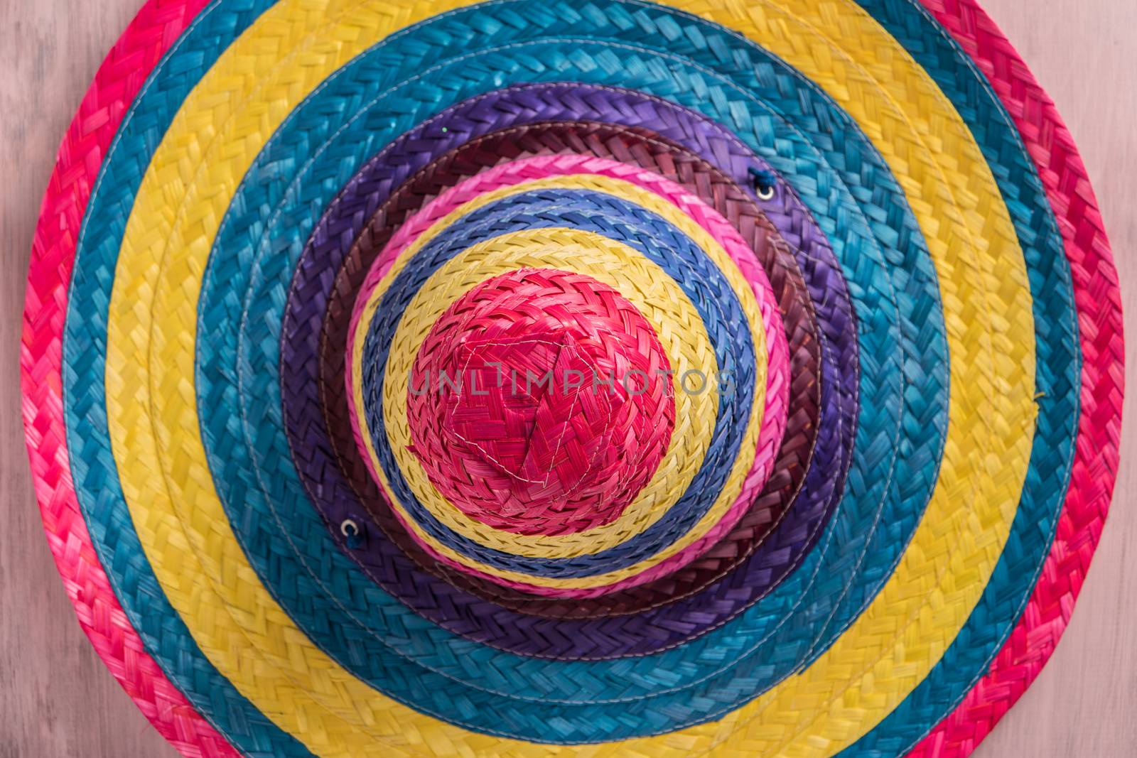 Mexican background. Sombrero on rustic wooden background. Top view with copy space
