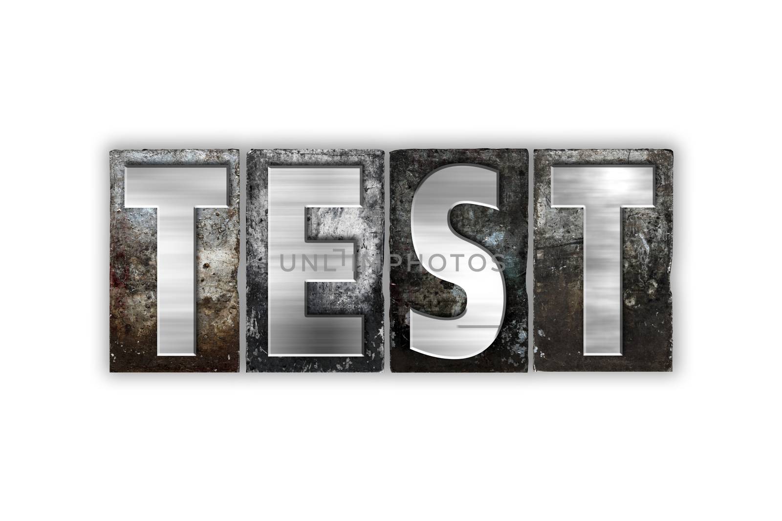 The word "Test" written in vintage metal letterpress type isolated on a white background.