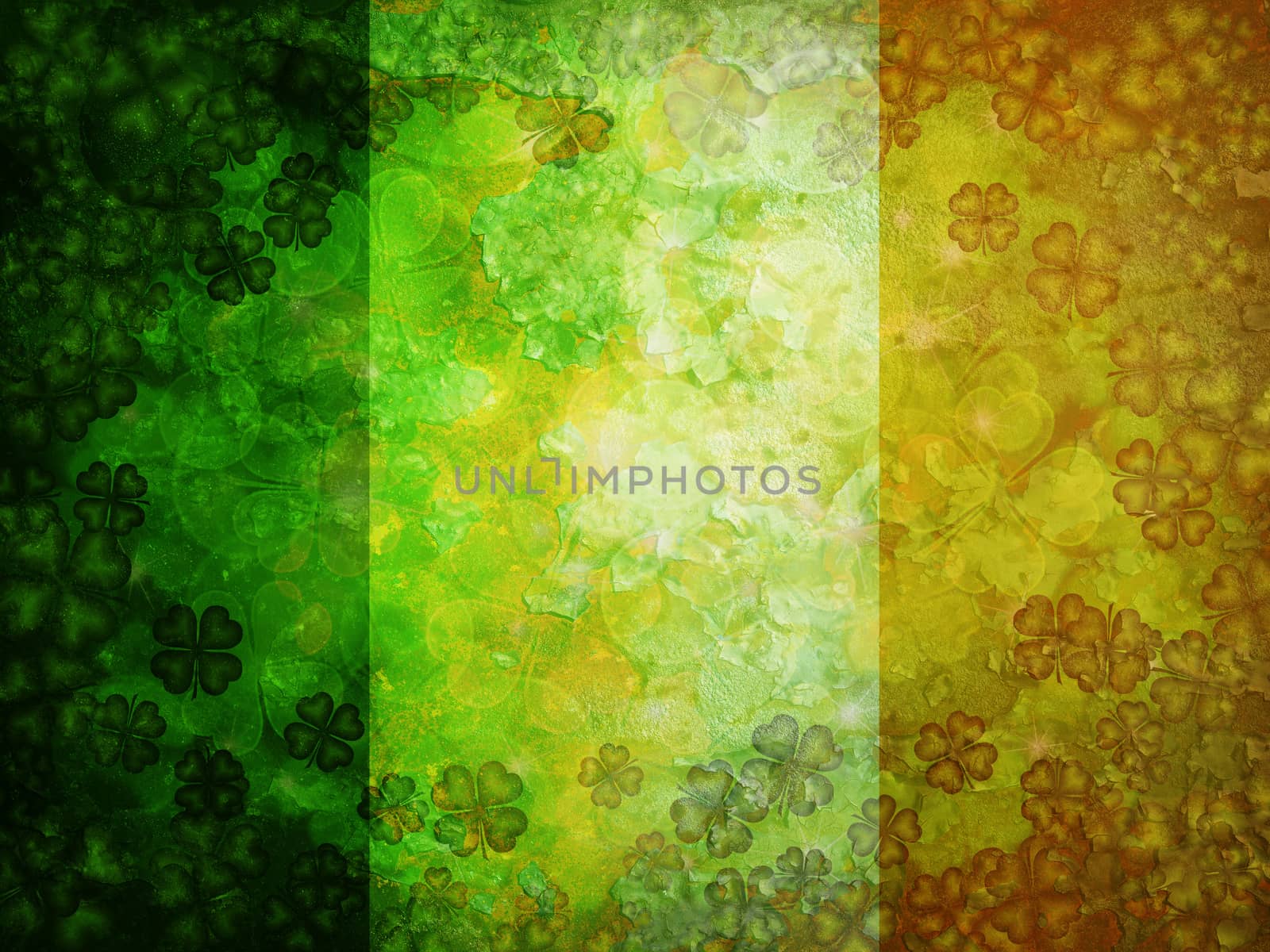 St Patricks Day Four Leaf Clover Shamrock with Grunge Texture Irish Flag Background