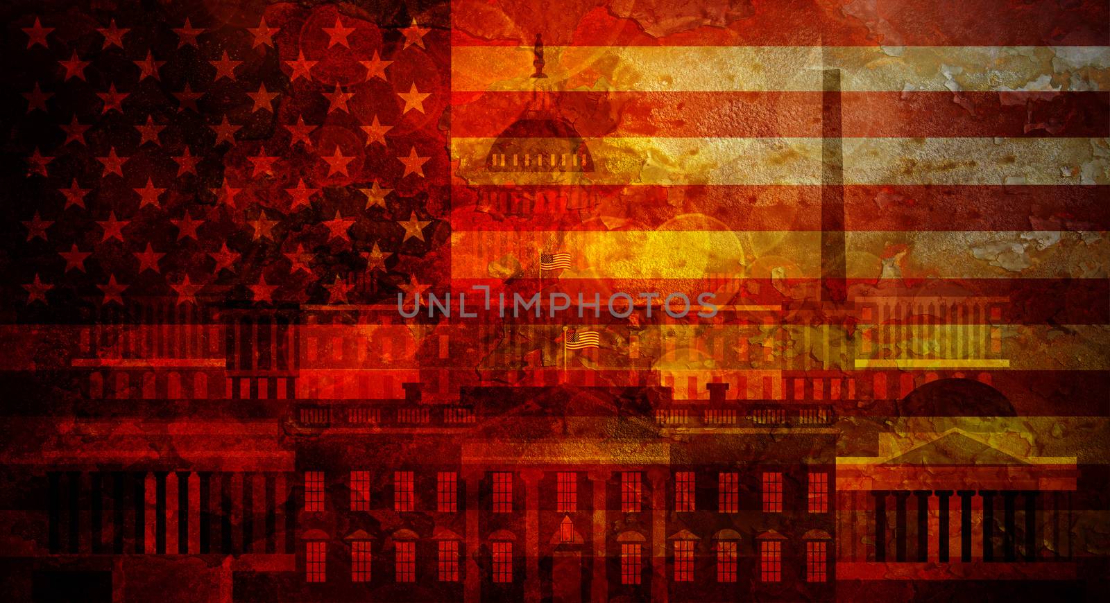 Washington DC Capitol White House USA Flag Silhouette with Grunge Texture Background Illustration