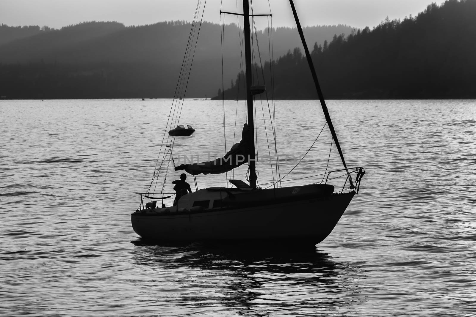 A skipper and his dog sails his boat during sunset on Lake Coeur d'Alene in Idaho in the summer.
Photo taken on: July 09th, 2015
