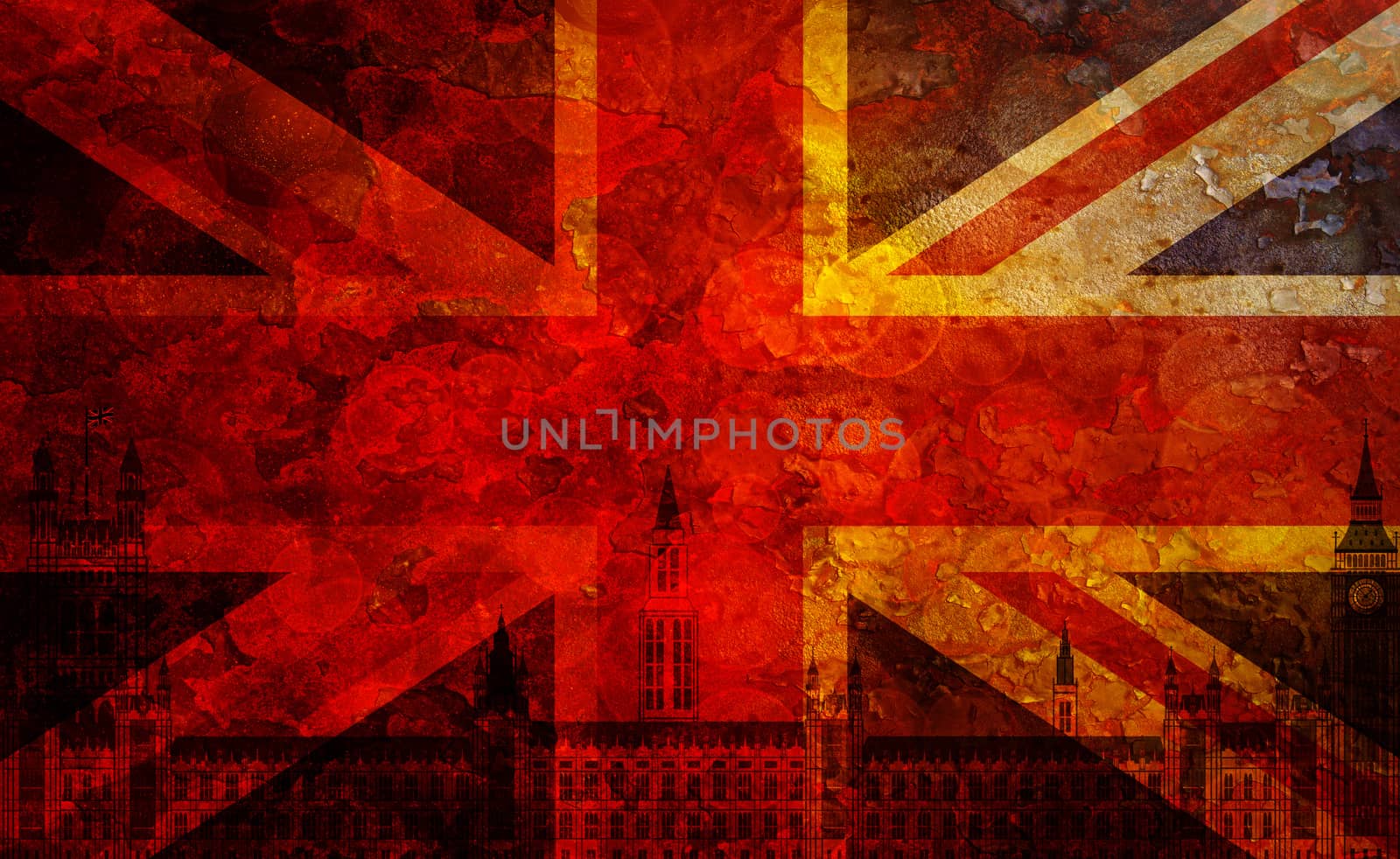 Westminster Palace Big Ben Union Jack Great Britain Flag with Grunge Texture Background Illustration