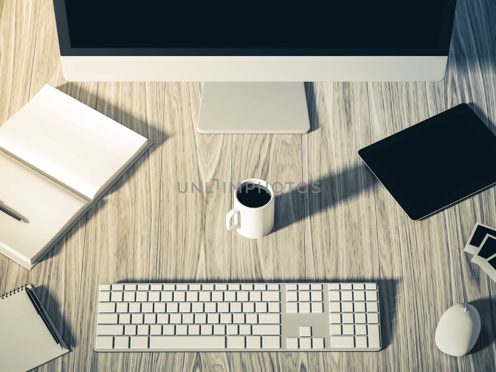 High angle view of a setting table of business workplace, shot in office, home work space