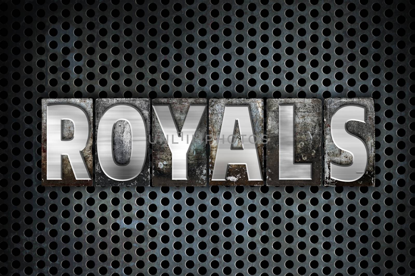 The word "Royals" written in vintage metal letterpress type on a black industrial grid background.