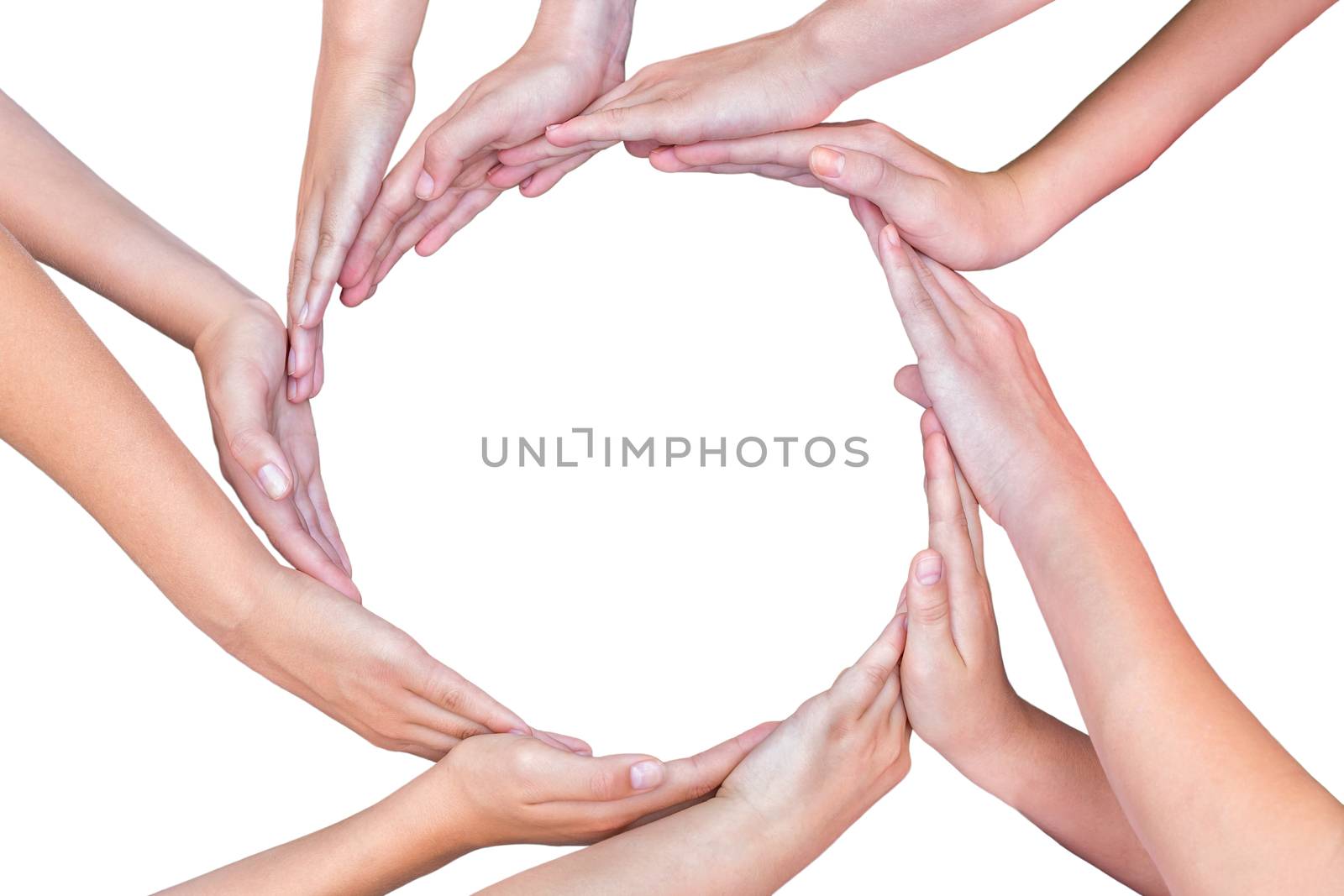 Many arms of children with hands making circle by BenSchonewille