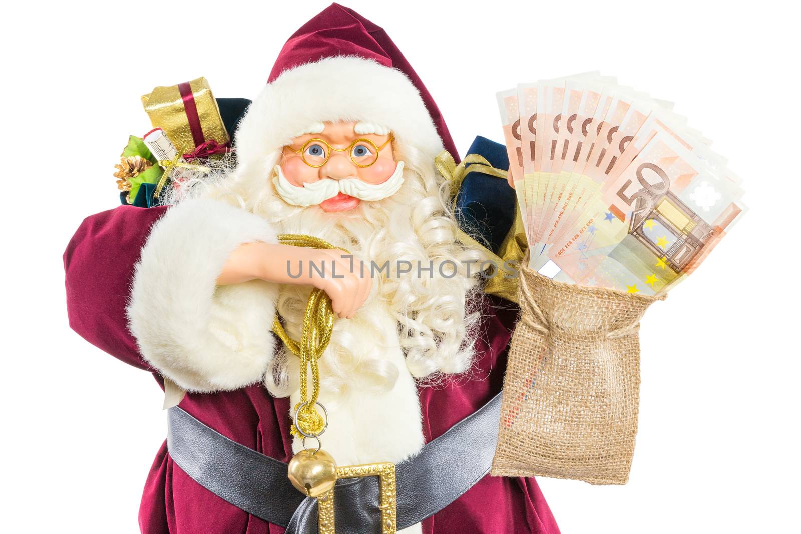 Model of Santa Claus with ringing bell presents and euro money in bag isolated on white background
