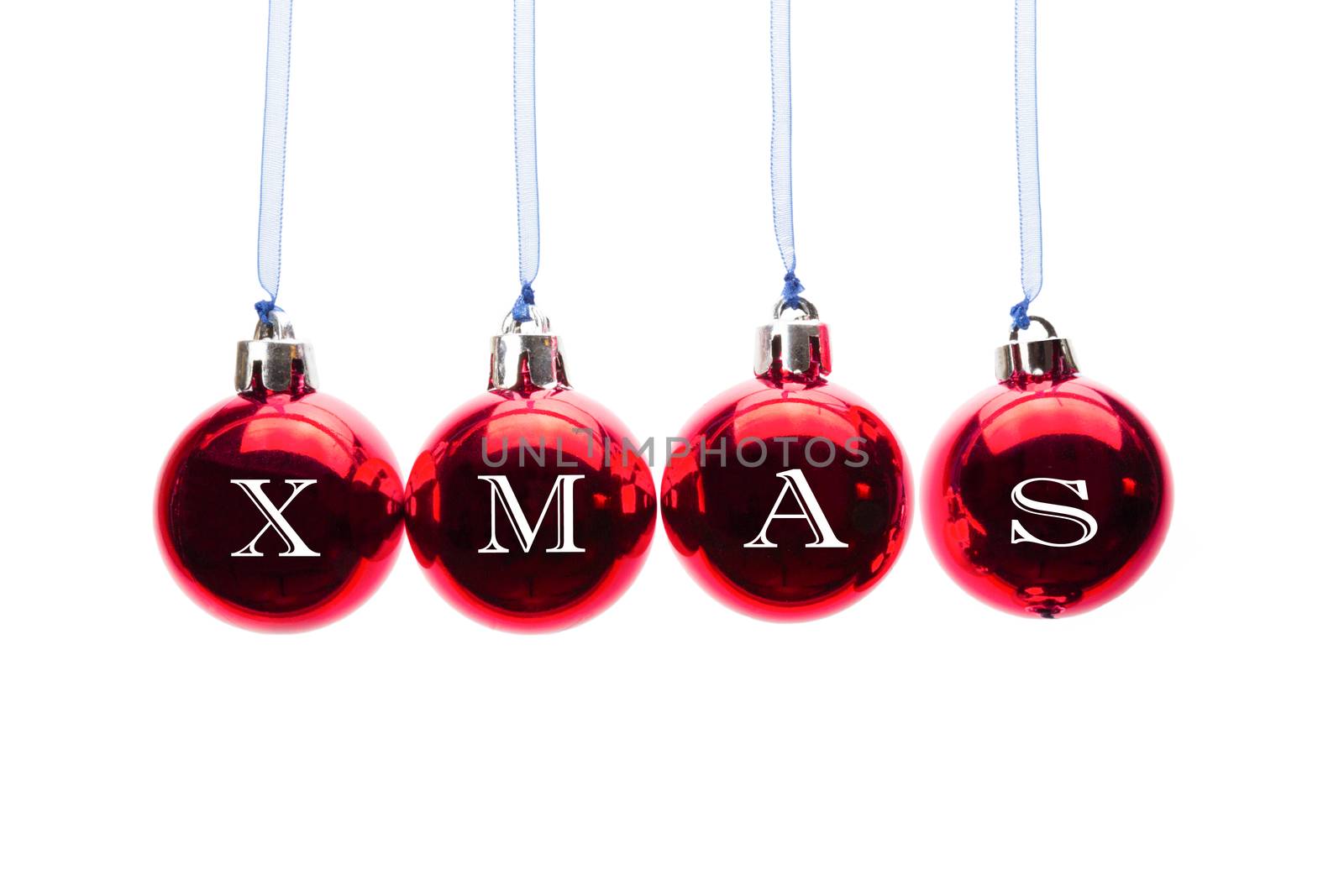 Word XMAS on red christmas balls hanging in a horizontal row isolated on white background