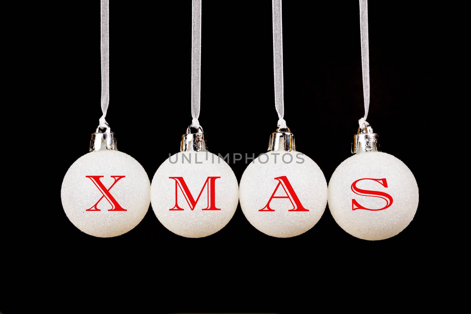 Word xmas on white christmas balls hanging on black background by BenSchonewille