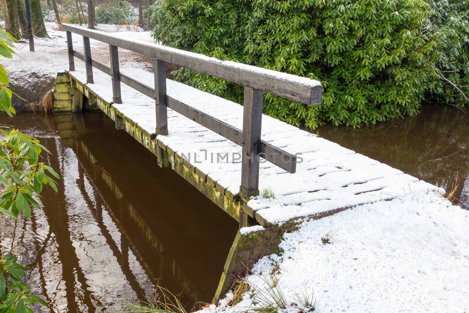 Wooden bridge over water covered with snow in winter