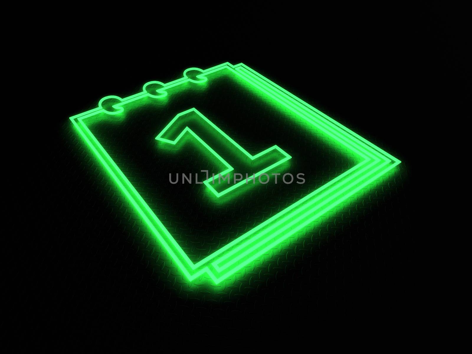 3d render green number 1 neon isolated on black brick wall background